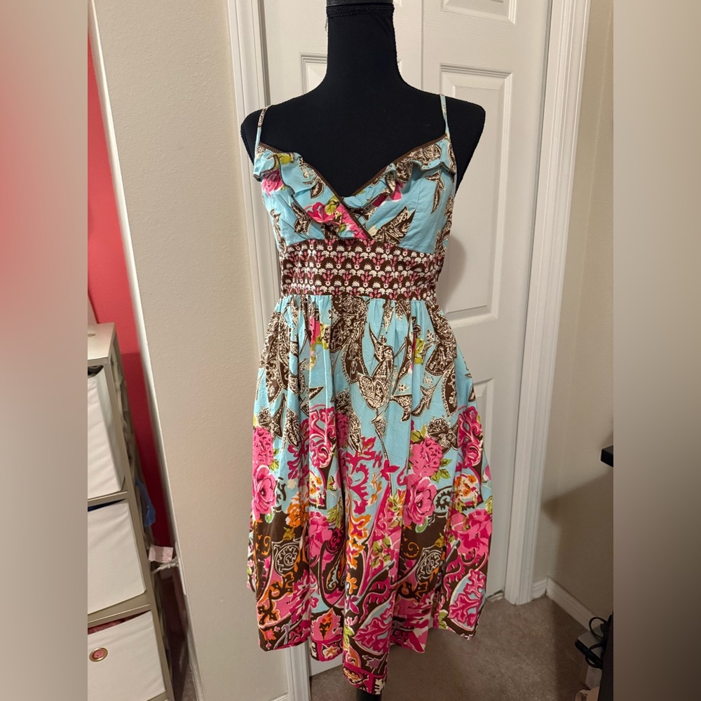 EUC Fire Los Angeles multicolor Floral Print Spaghetti Strap Dress size L